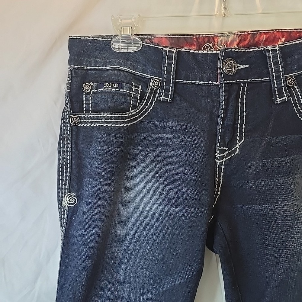 Adiktd Dark Wash Embroidered Rhinestone Studded Bootcut Jeans Size 6/33 Y2K - Picture 3 of 16